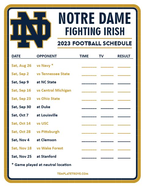 Notre Dame Football Schedule Template