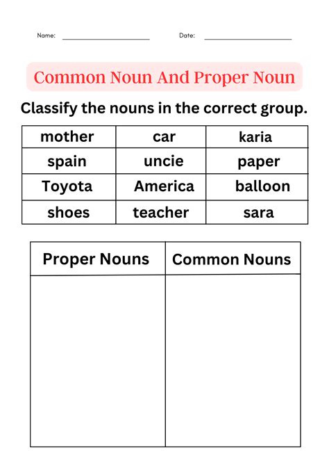 Noun Worksheet for Classroom