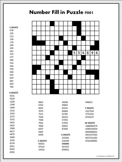 Solution to a printable number crossword puzzle