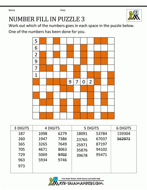 Number search crossword puzzle