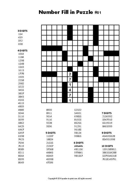 Number Fill-In Puzzle Printables