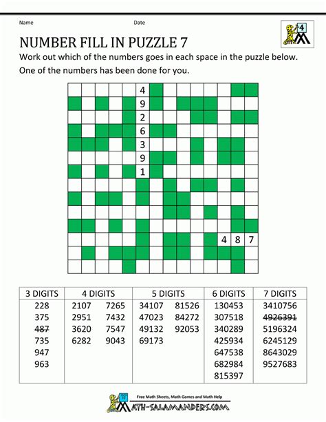 Number Fill-In Puzzle Printables