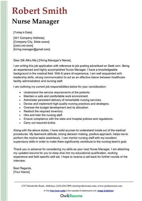 Nurse Manager Cover Letter