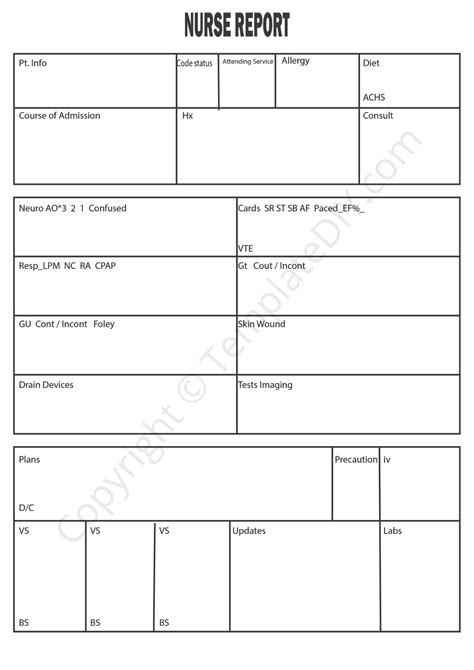 Nurse report sheets template printable example