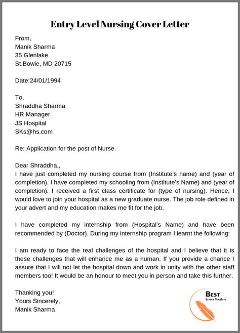 Nursing Cover Letter Template Examples