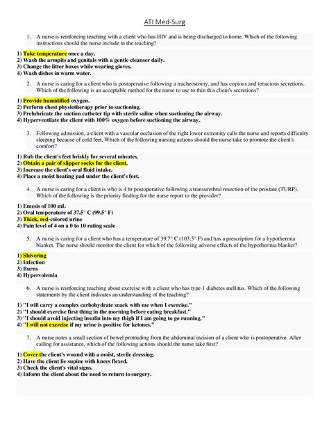 Nursing Med Surg Worksheet Printable Practice Questions