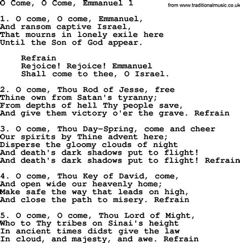 O Come O Come Emmanuel lyrics printable version