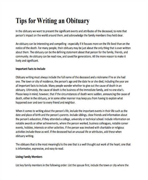 Obituary writing guidelines example