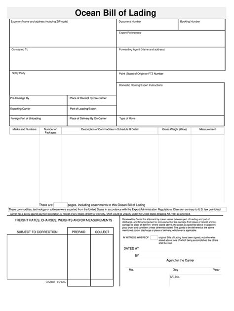 A screenshot of an ocean freight Bill of Lading template