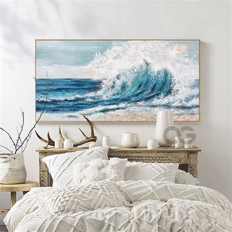 A collection of ocean-inspired wall art featuring wave motifs, sea creatures, and coastal landscapes.