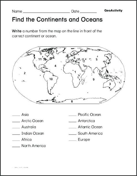 Oceans and Continents Quiz Printable for Kids