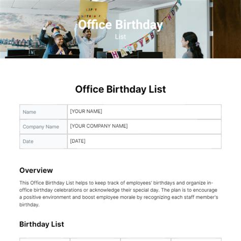 Office Birthday List Template Image 1