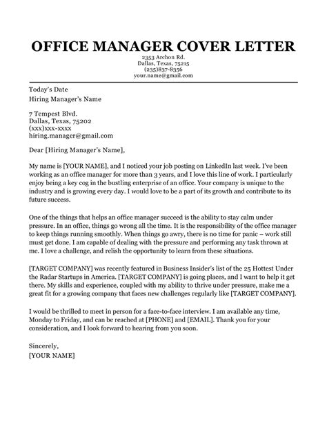 Office Manager Cover Letter Examples