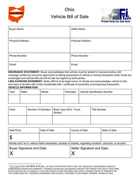 Ohio Bill of Sale Template Form