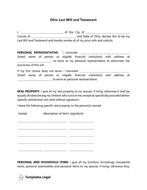 Ohio Last Will and Testament Template 1