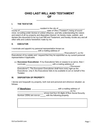 Ohio Last Will Form PDF