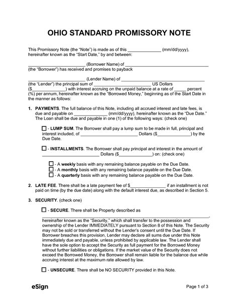 Ohio Promissory Note Template