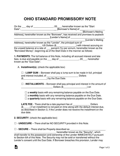 Ohio Promissory Note Template Sample