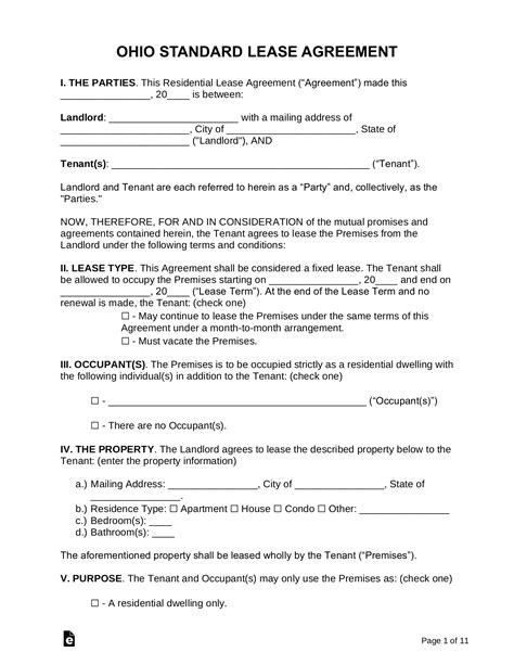 Ohio Rental Agreement Template Sample