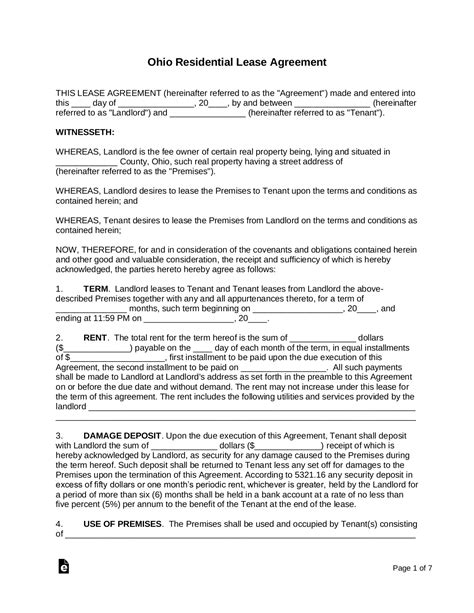 Ohio Rental Lease Agreement Template 2