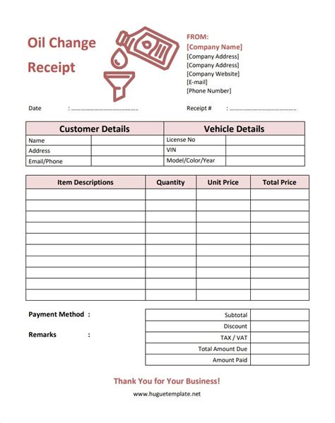 Oil Change Receipt Template Example