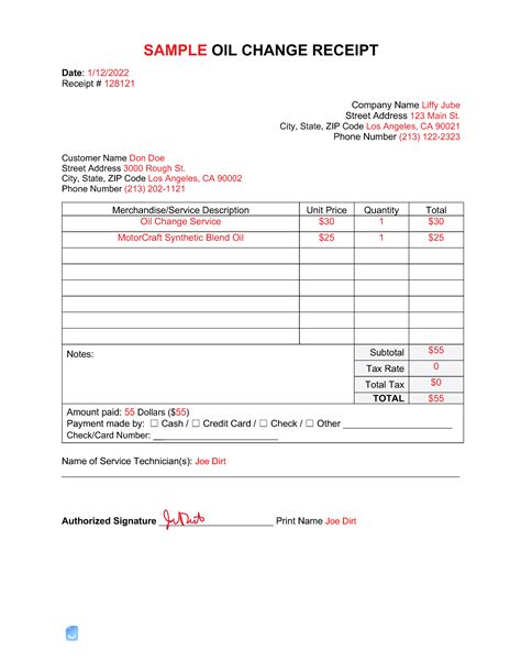 Oil Change Receipt with Payment Information Template