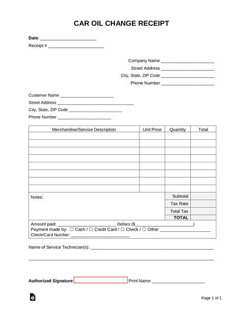 Oil Change Receipt with Vehicle Information Template