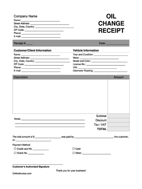 Oil Change Receipt with Warranty Information Template