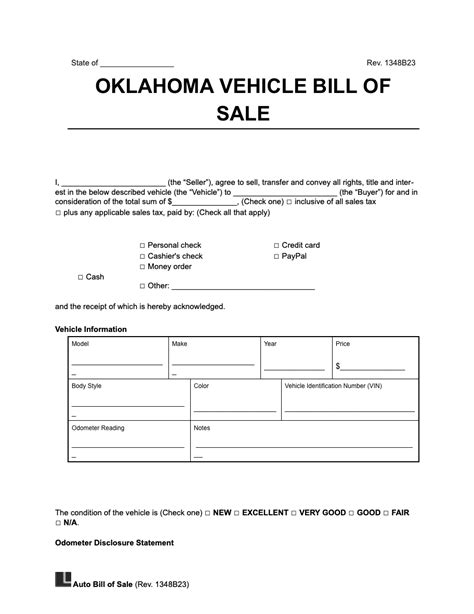 Oklahoma Vehicle Bill of Sale Template 1