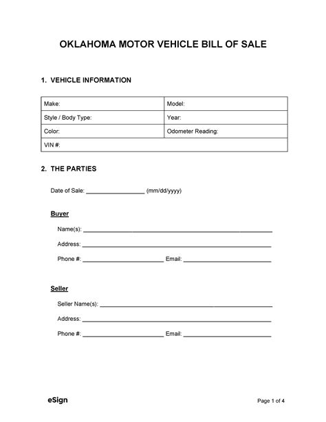 Oklahoma Vehicle Bill of Sale Template 2