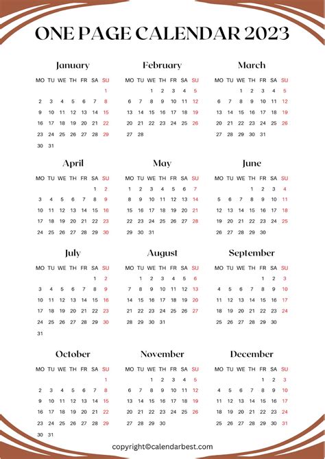 One-Page Calendar for Business