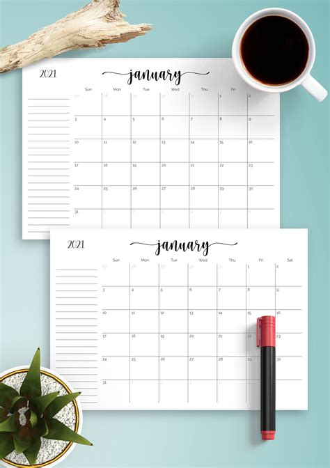 One-Page Calendar with Notes