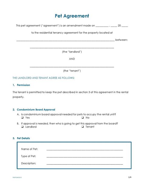 One Page Lease Agreement Template with Pets