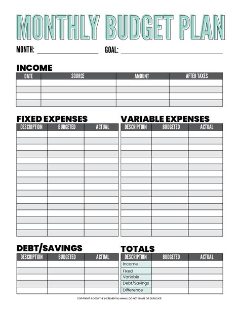 One-Page Printable Budget