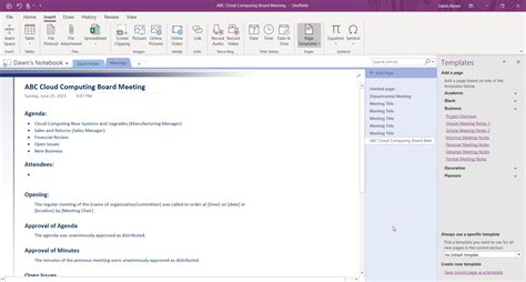 OneNote Meeting Template