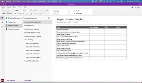 OneNote project tracking template example 10