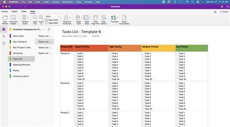 OneNote project tracking template example 2