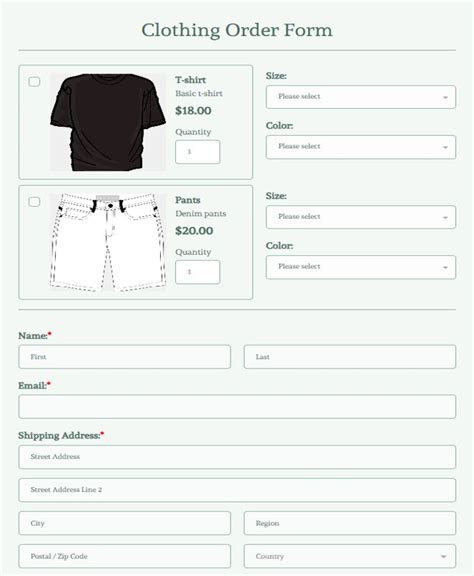 Online Clothing Order Form