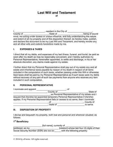 Online Last Will and Testament Template