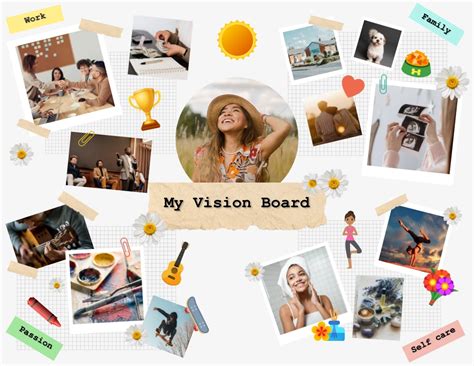 A vision board with words and images