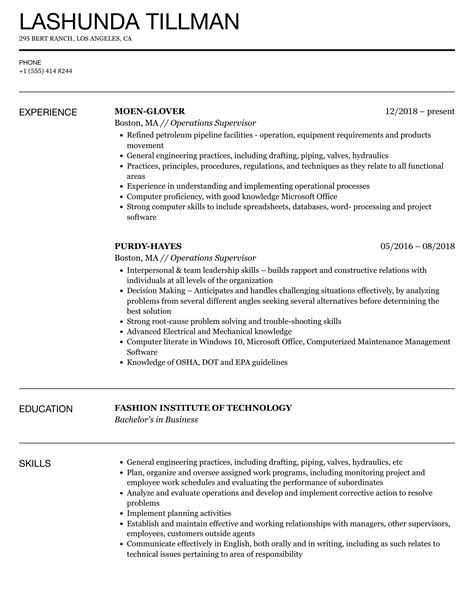 Operations Supervisor Resume Template