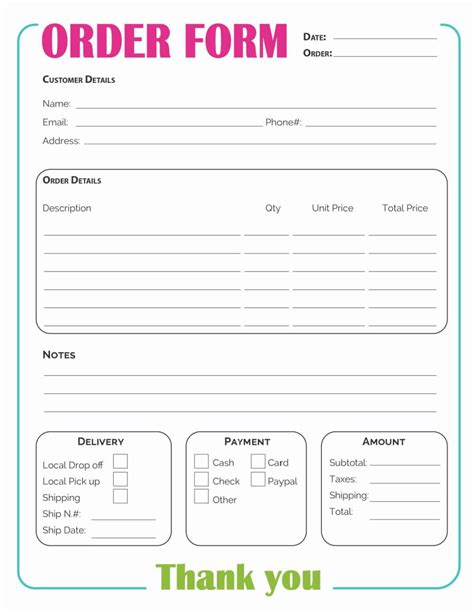 An order form template with inventory management