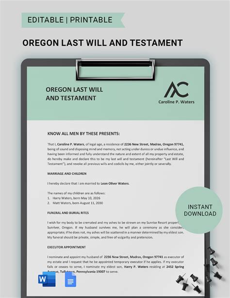 Oregon Last Will and Testament Template Sample