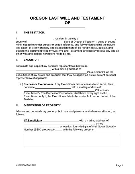 Oregon Last Will and Testament Template Word