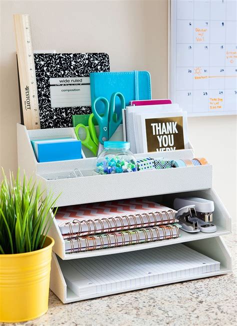 Organized desk with labels and bins