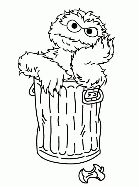 Oscar the Grouch coloring page with a trash can