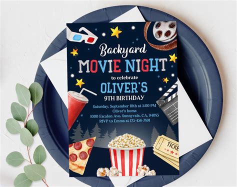 An outdoor movie night invitation featuring a projector setup in a park or backyard.