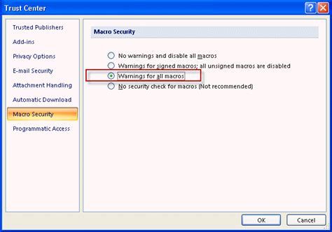 Outlook Macro Security Settings