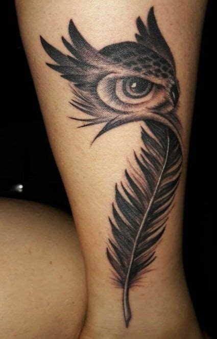 Owl feather tattoo on the leg