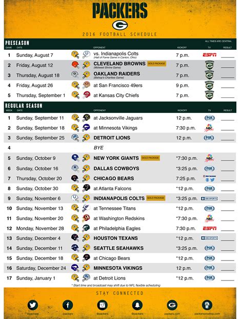 Green Bay Packers schedule printable example